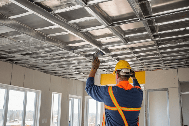 construction worker installing drywall with cordless screwdriver