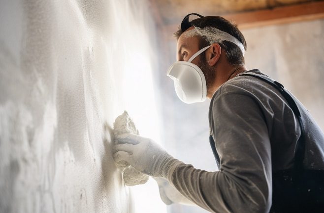 construction worker papersanding the drywall of interior wall prior to painting