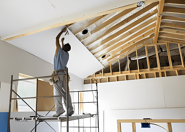 construction worker putting board using drywall hammer