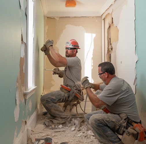construction workers repairing damaged drywall