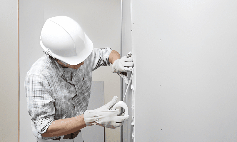 worker doing drywall taping.