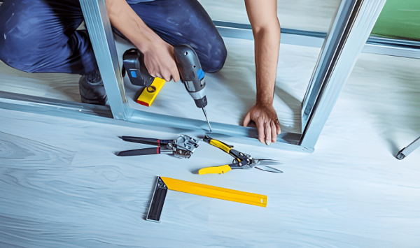 worker installing drywall steel stud