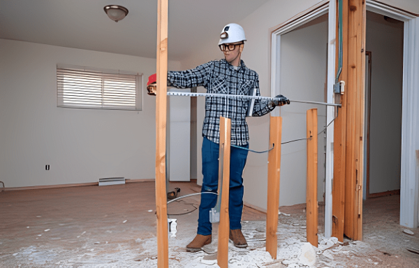 worker installing drywall wood stud