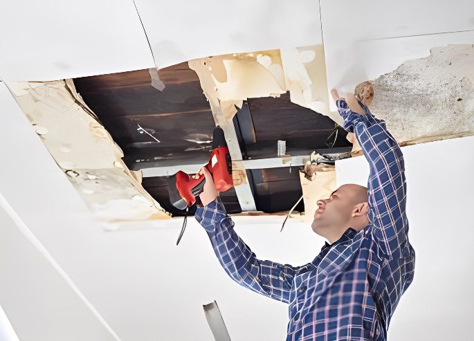 worker repairing ceiling drywall